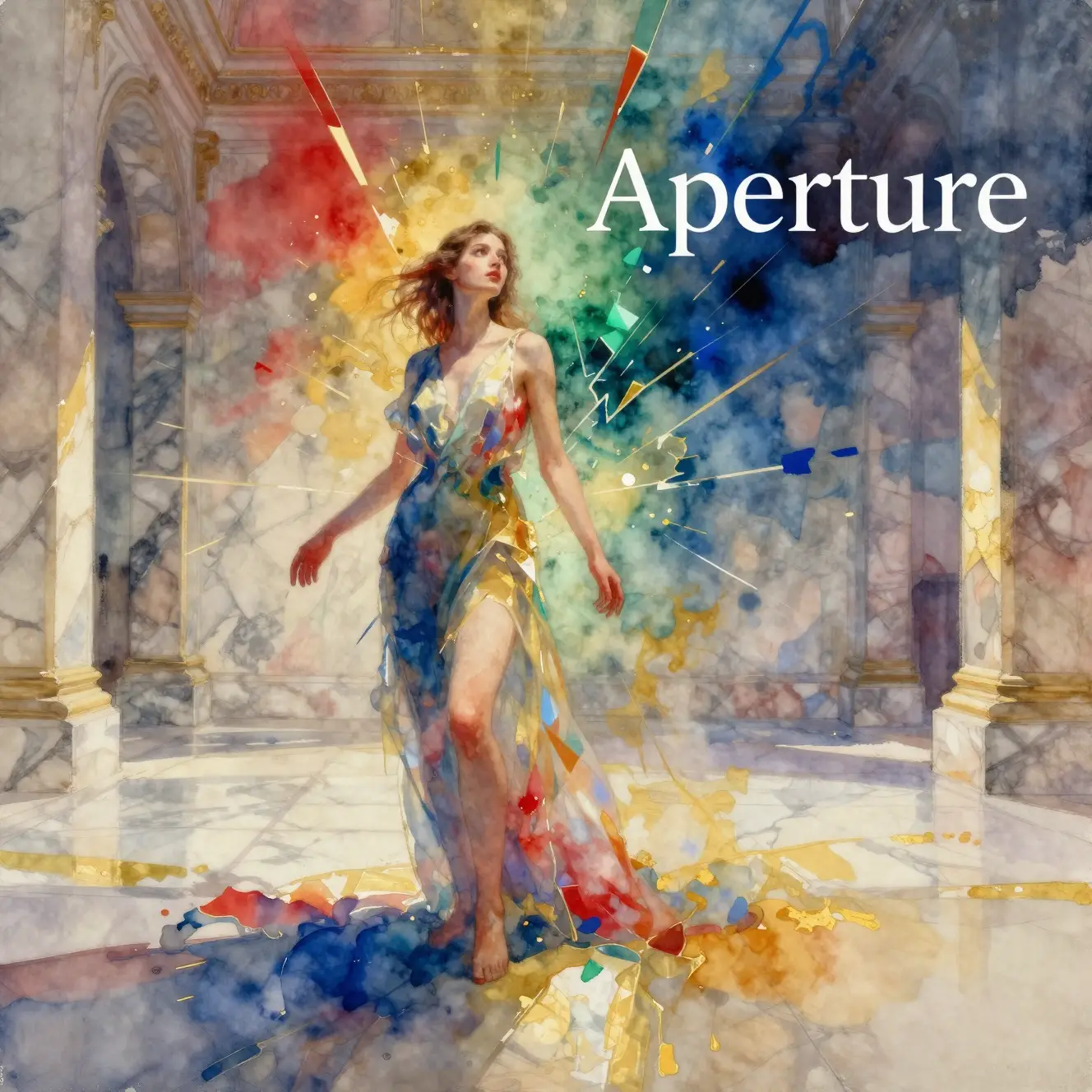 Watercolor woman dissolving in prismatic light in marble hall