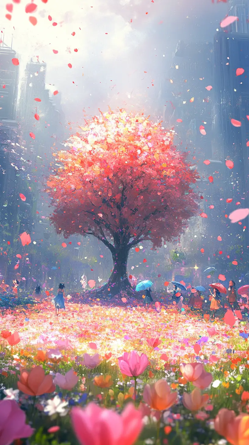 Bright apple tree glowing in a misty whimsical forest