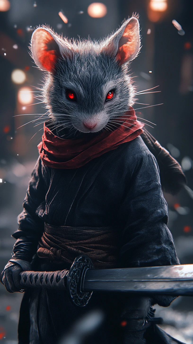 Guerrier rat anthropomorphe avec katana dans une ruelle sombre