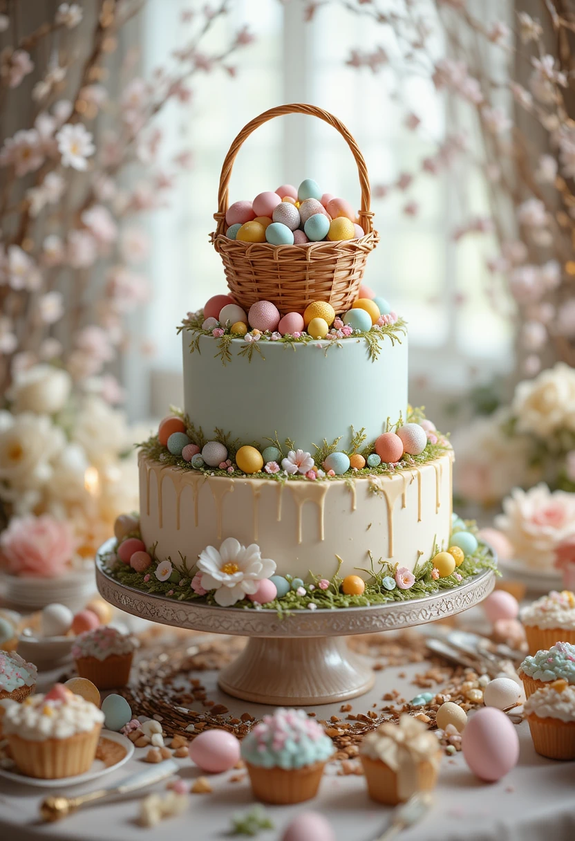 Elegante dreistöckige Ostertorte mit Süßigkeitenkorb als Topper