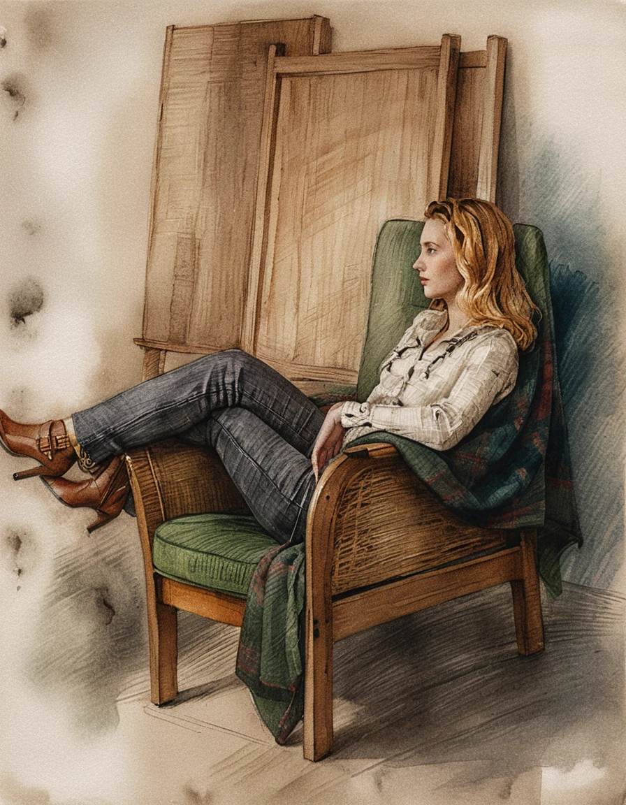 Woman reclining in a vintage chair in quiet studio