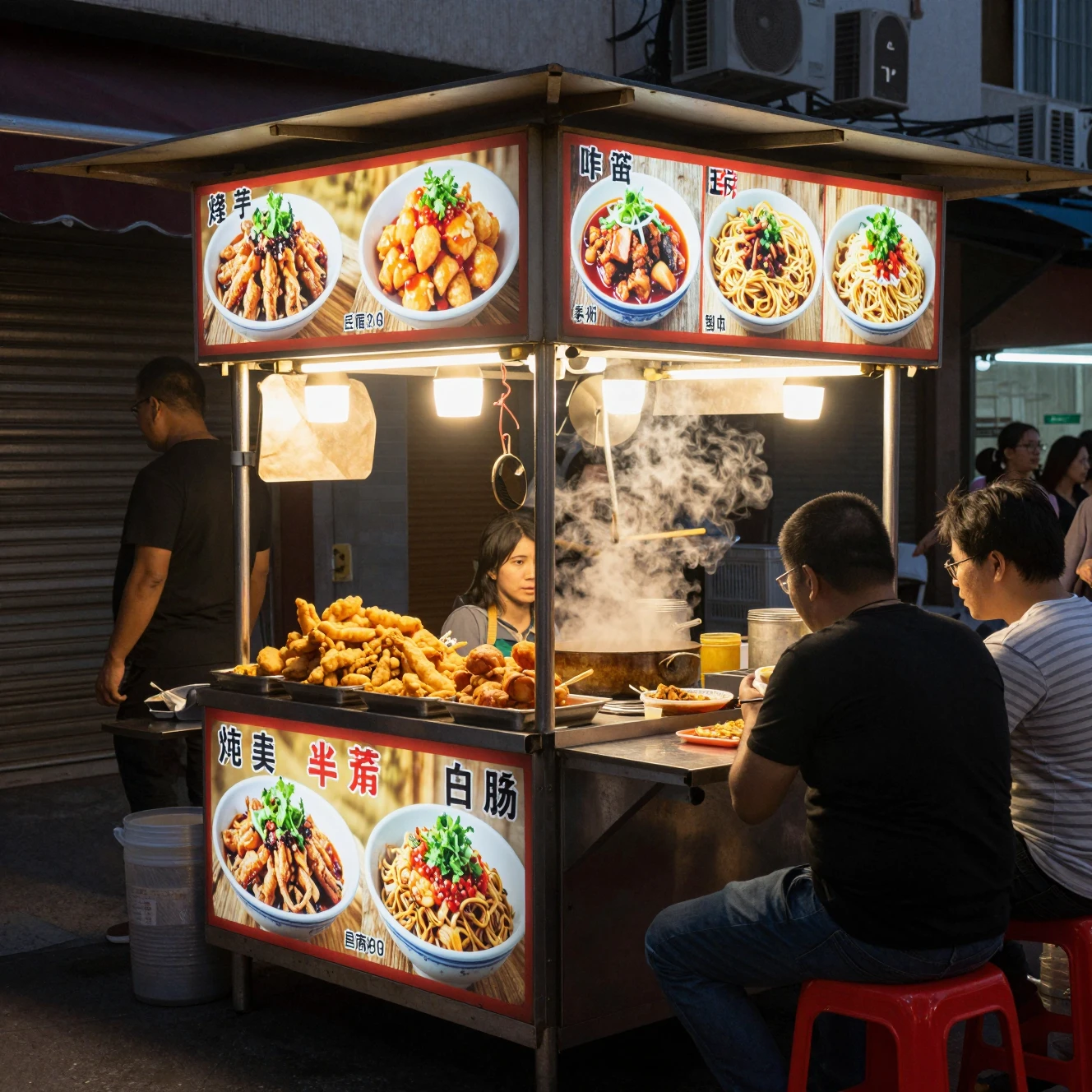 Cozy street food stall glowing in the urban evening