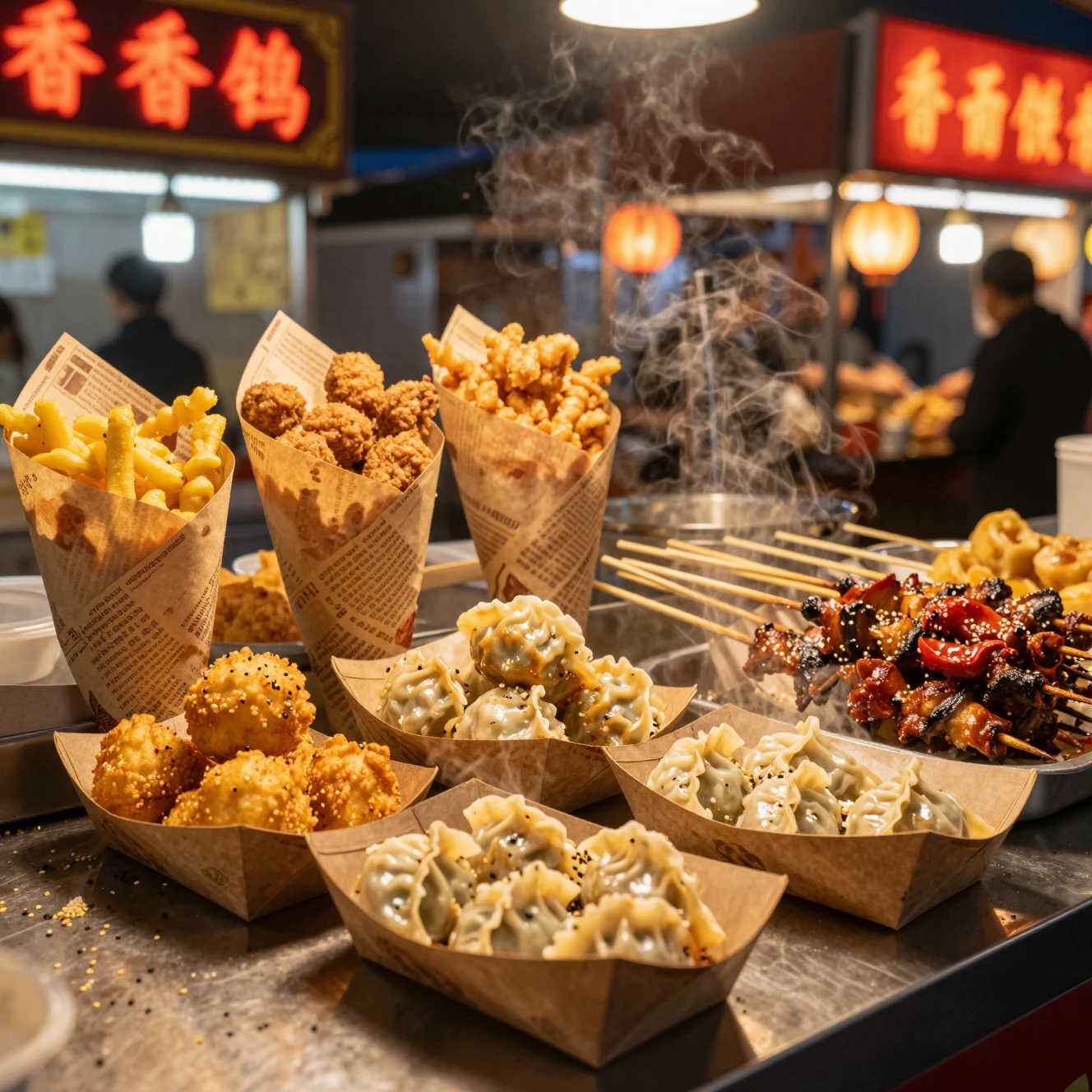 Street food feast in glowing night market paper wrappings