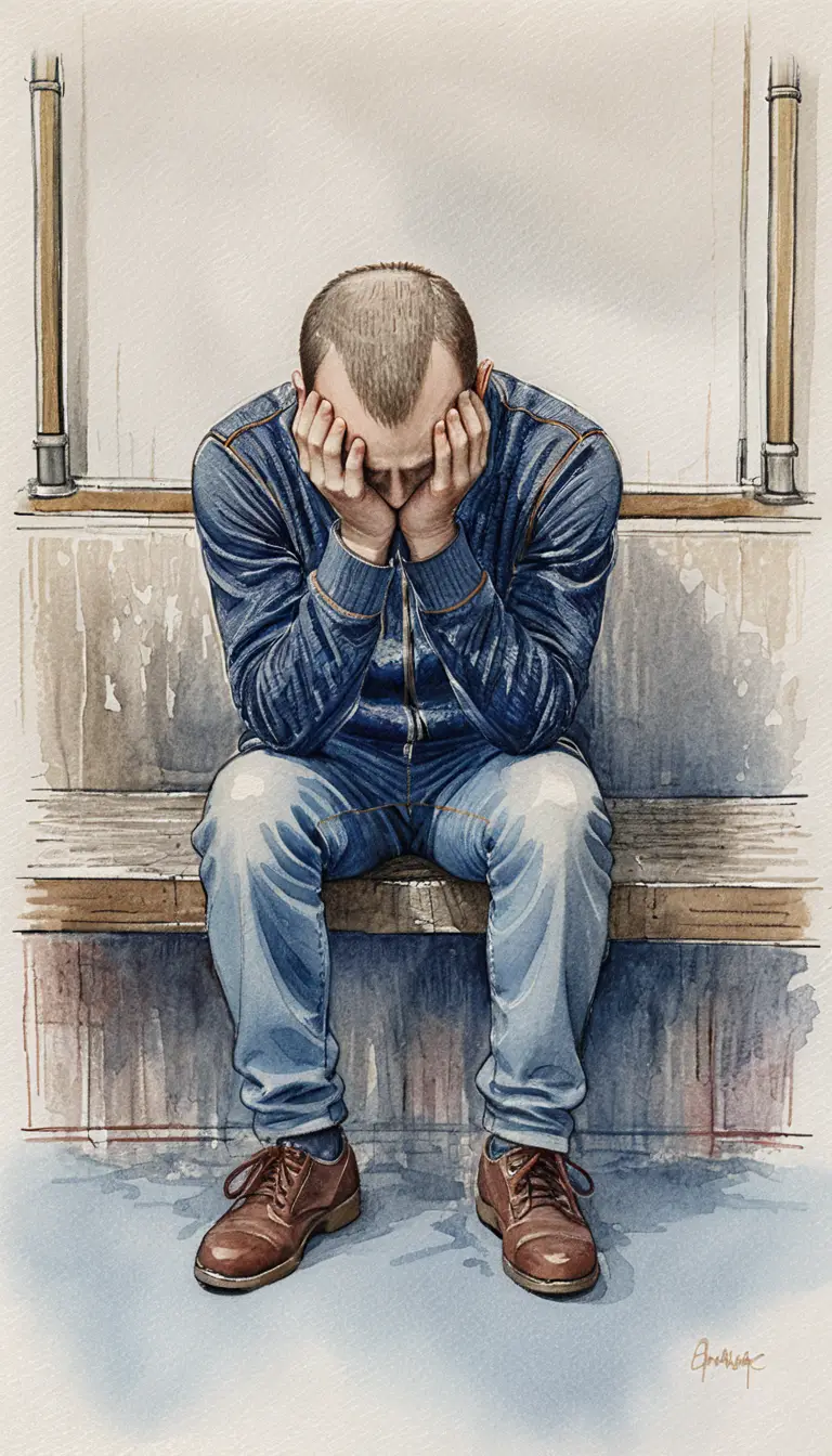 鉛筆插畫中的地鐵長椅憔悴男子