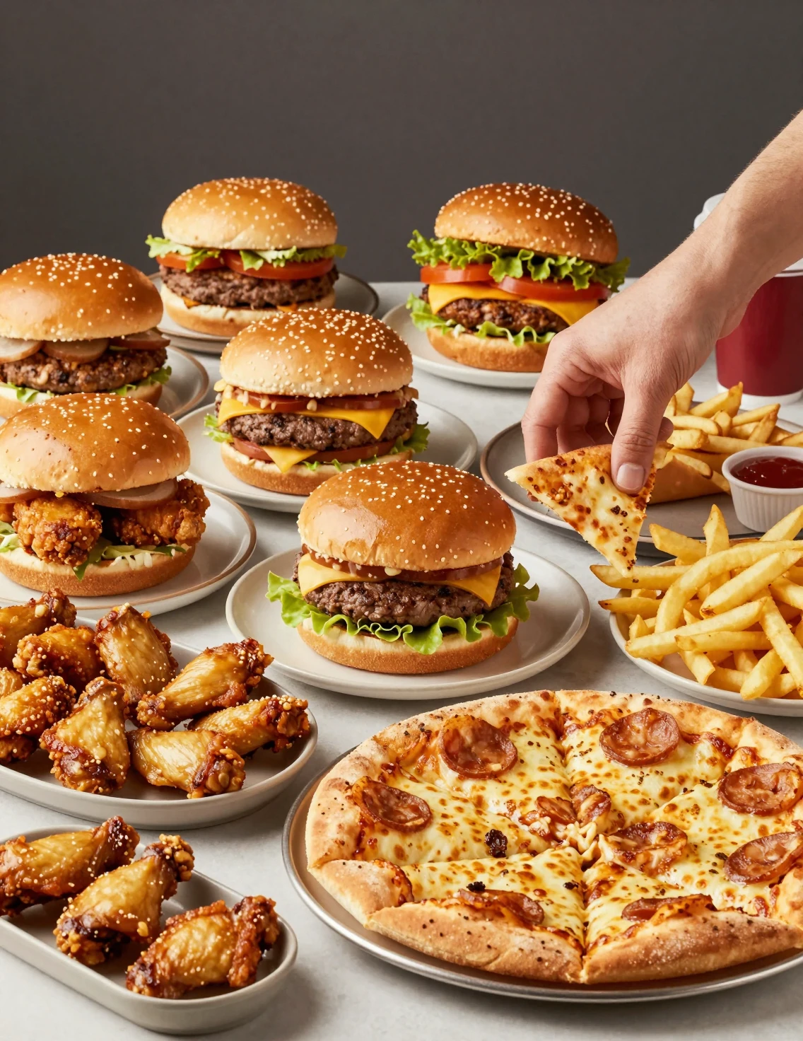 Colorful assortment of fast food favorites on a crowded table