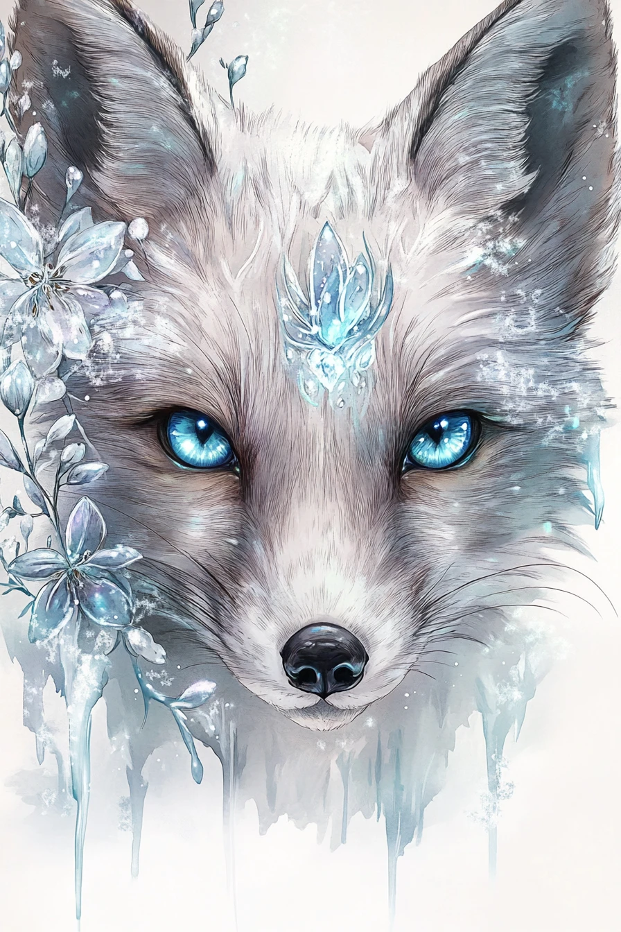 Nahaufnahme eines Polarfüchse-Gesichts in eisiger Aquarell-Illustration