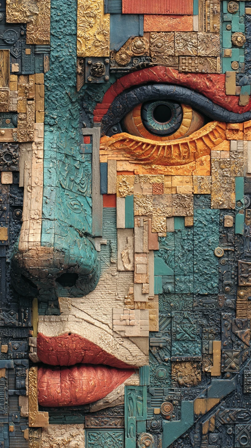 Retrato abstrato em mosaico de mídia mista com rosto humano esculpido