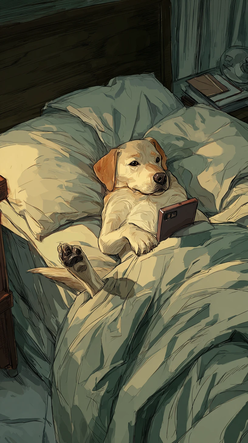 Cachorrinho feliz usando o celular enquanto relaxa na cama