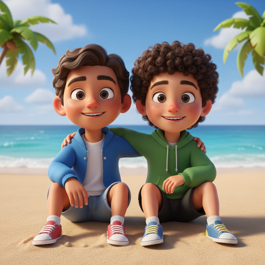 Dois meninos 3D com design de personagem consistente no estilo Pixar