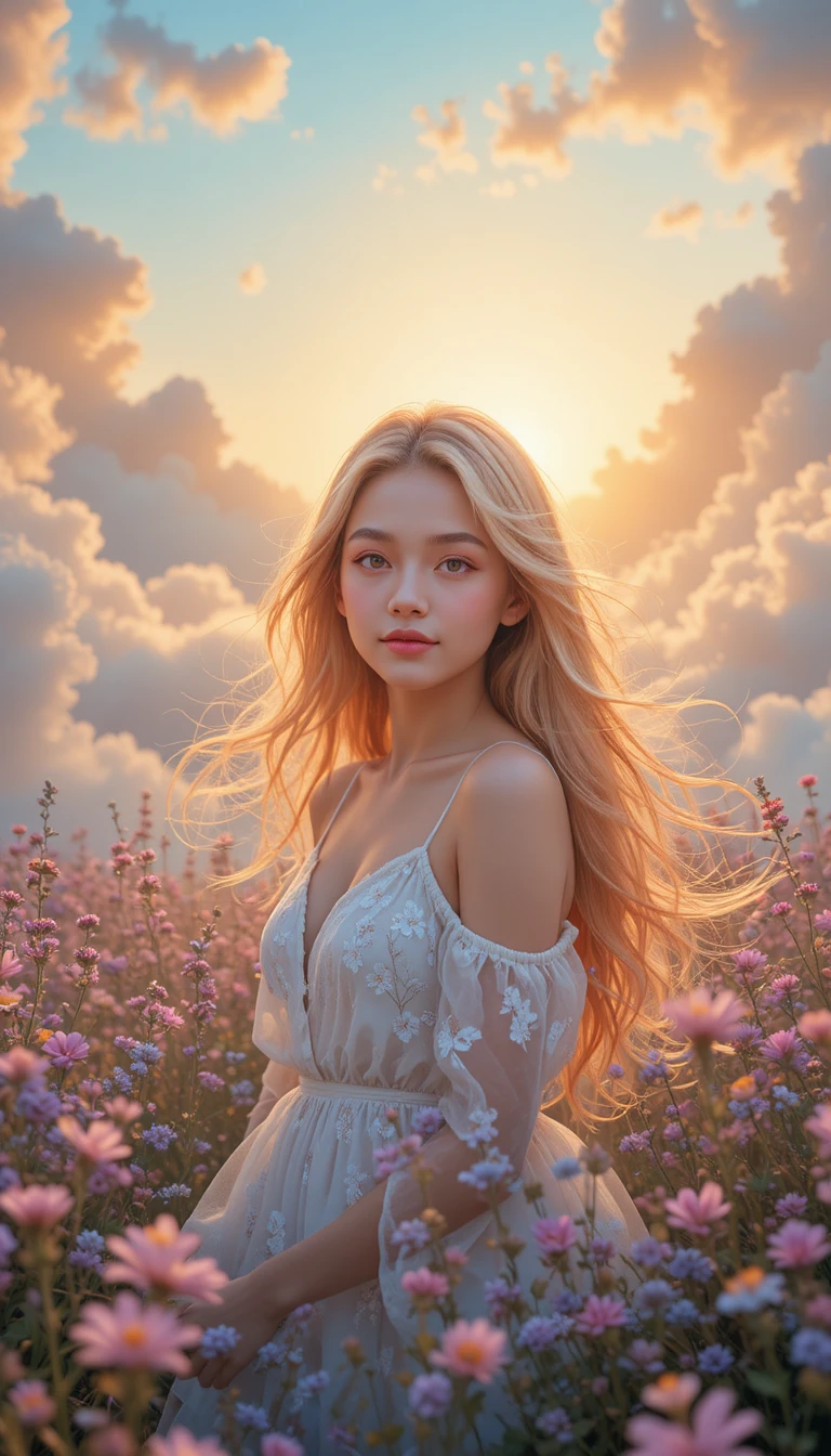 夢幻雲海與野花夕陽中的寧靜女子