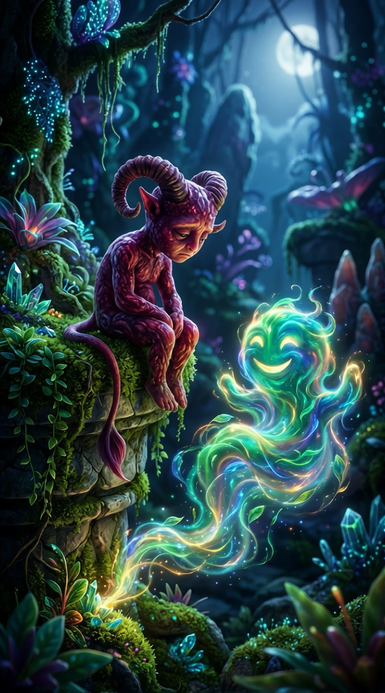 Ilustração digital surreal de um pequeno demônio melancólico