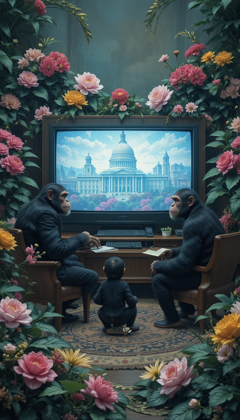 Chimpanzees Watching Politics On A Large Forest Television Screen