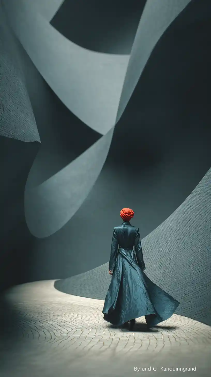 Woman walking along a golden path through mosaic canyons