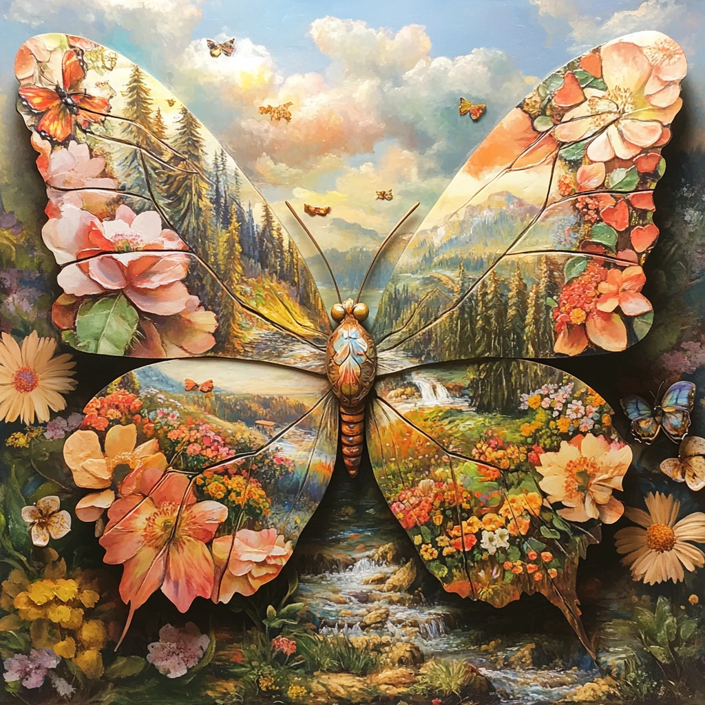 Butterfly With Painted Landscape Wings Resting On A Flower