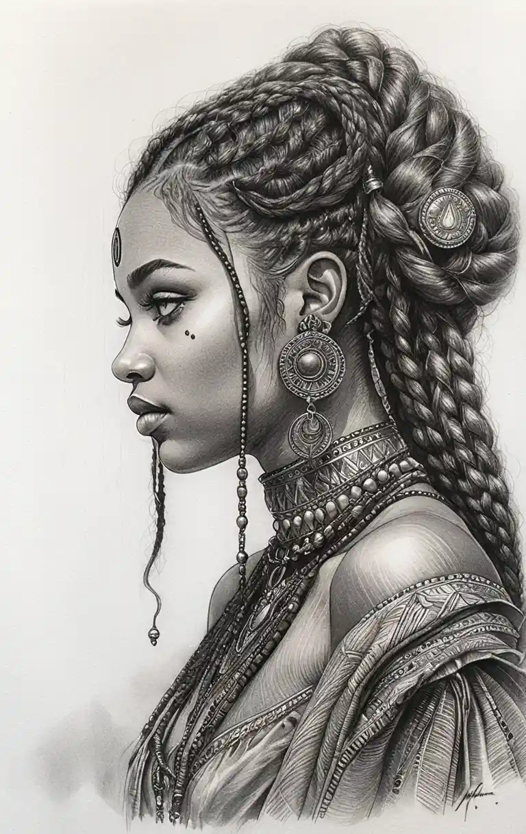 Side profile pencil portrait of braided Black warrior woman