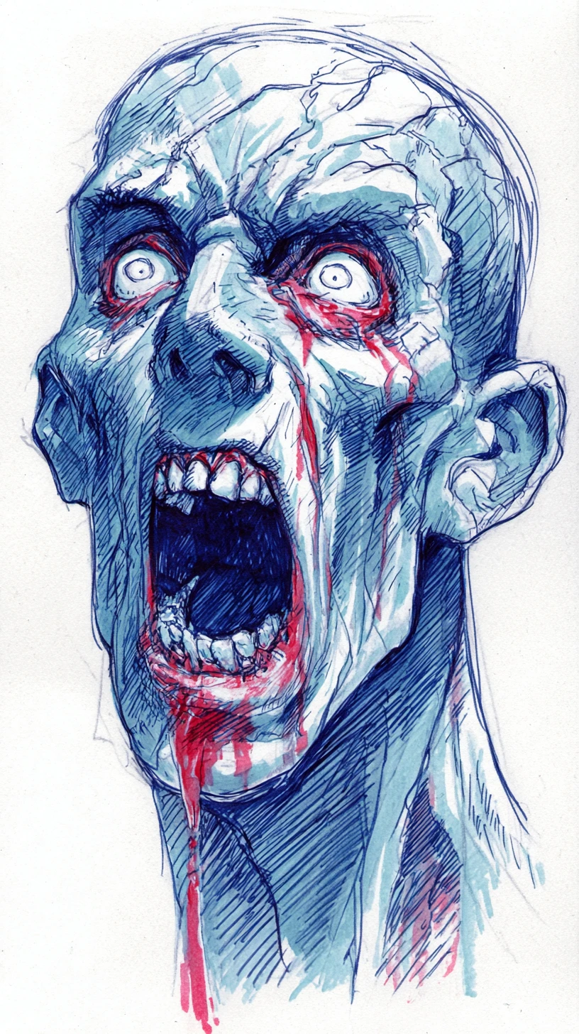 Ilustración de cabeza desollada atormentada con ojos blancos huecos gritando