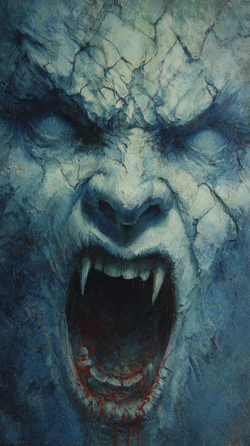 Macabre oil painting of a flayed screaming monster head