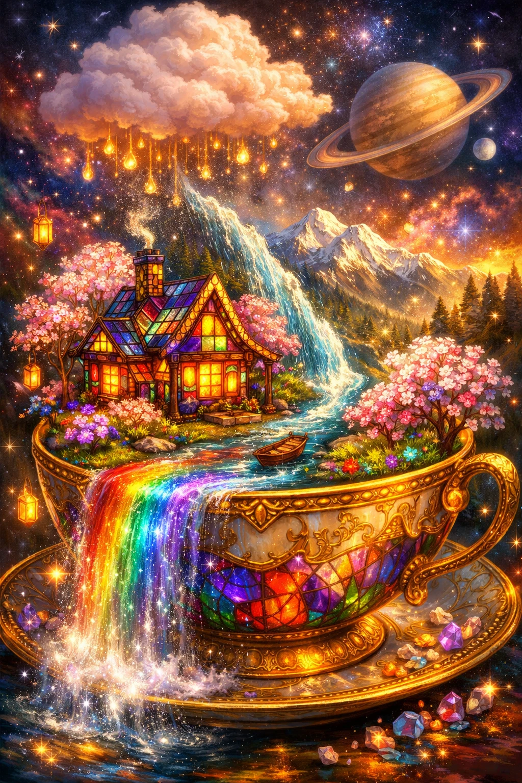 Cabana Surreal de Vitral em uma Paisagem de Xícara Dourada