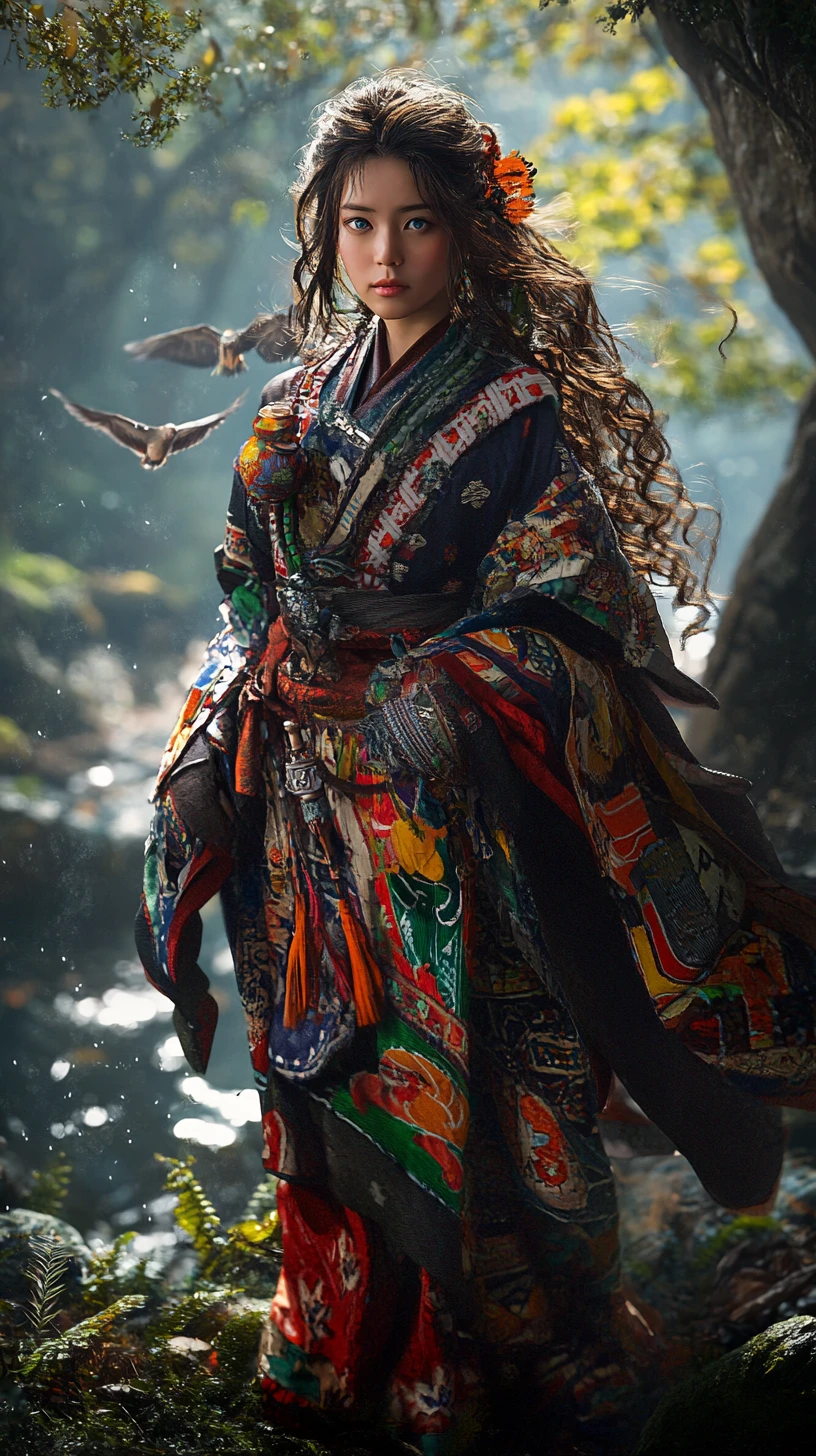 Young Ainu woman in traditional dress in a misty forest
