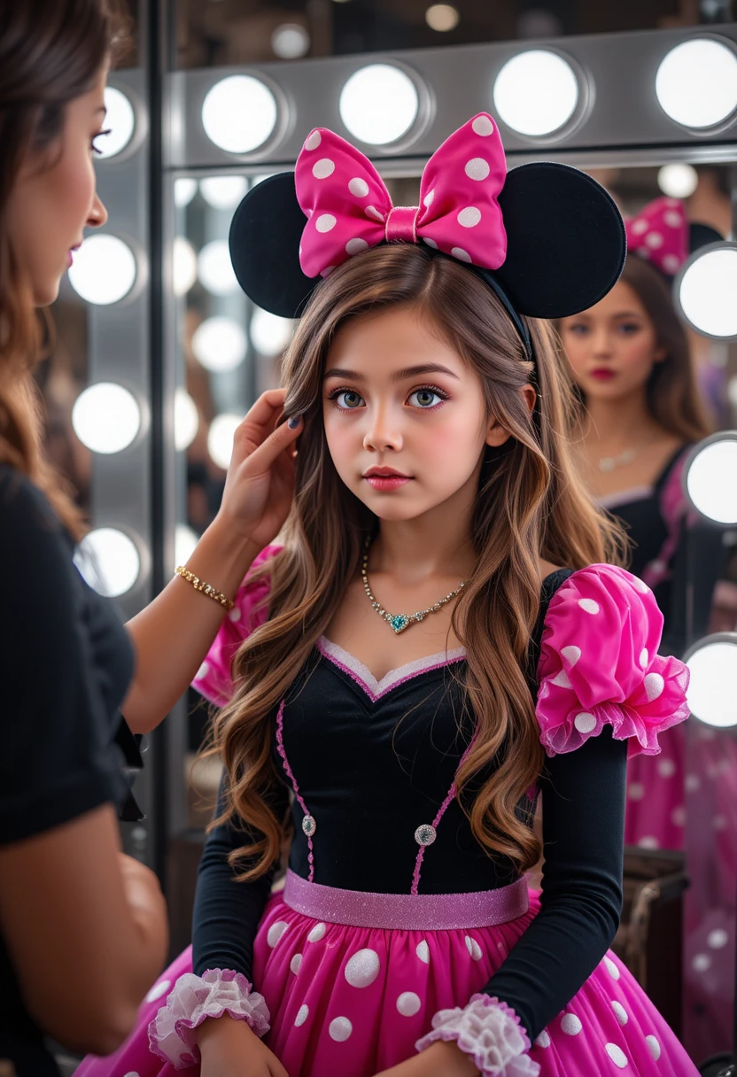 Junger Junge im pinken Minnie-Kleid bekommt Make-up in Boutique