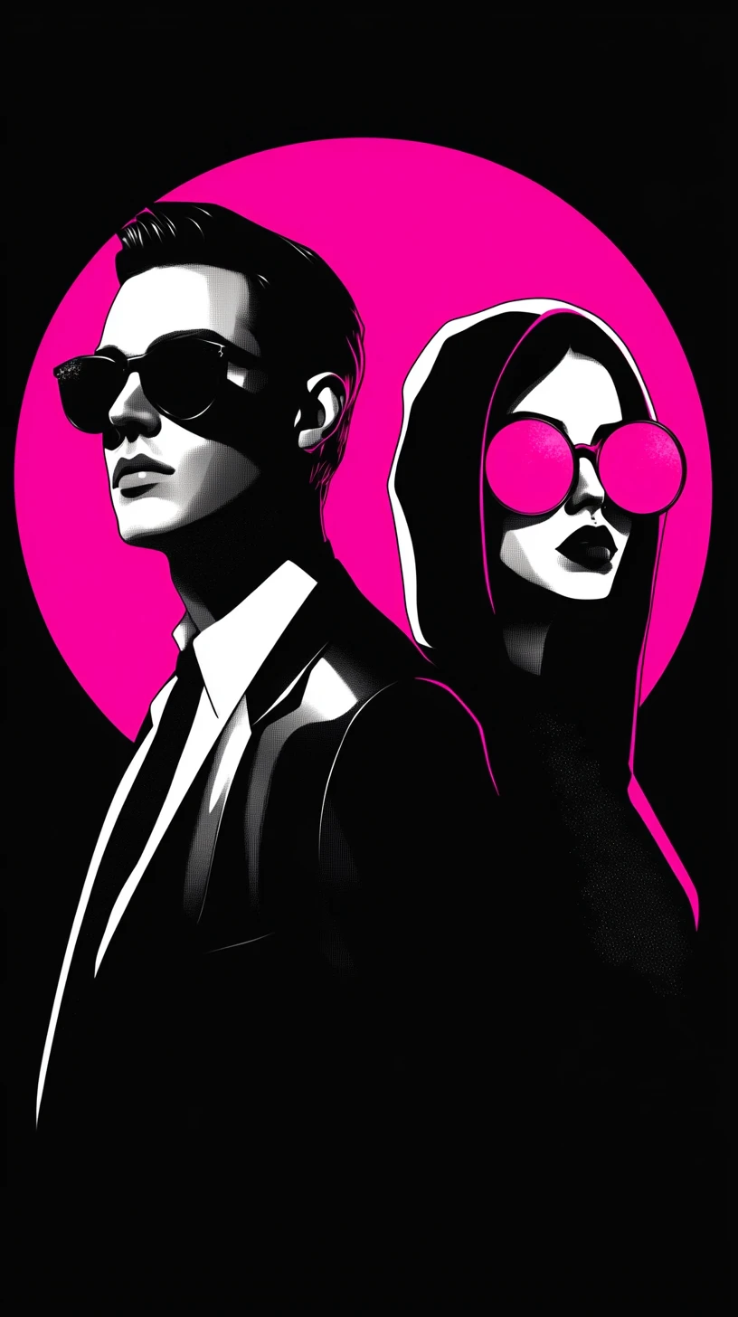 Silhuetas noir sob um sol neon magenta em estilo vetorial
