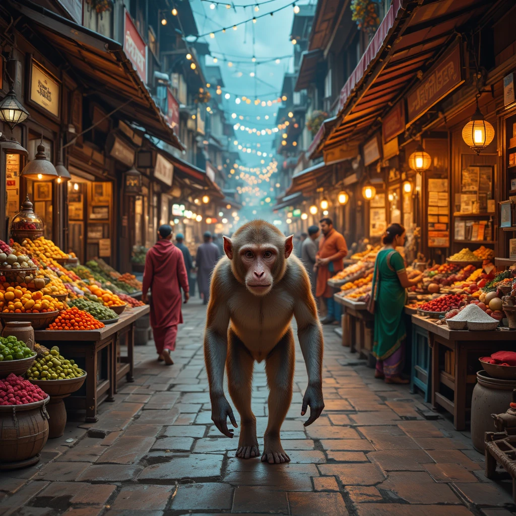 Neugieriger Rhesusaffe erkundet einen lebhaften indischen Straßenmarkt