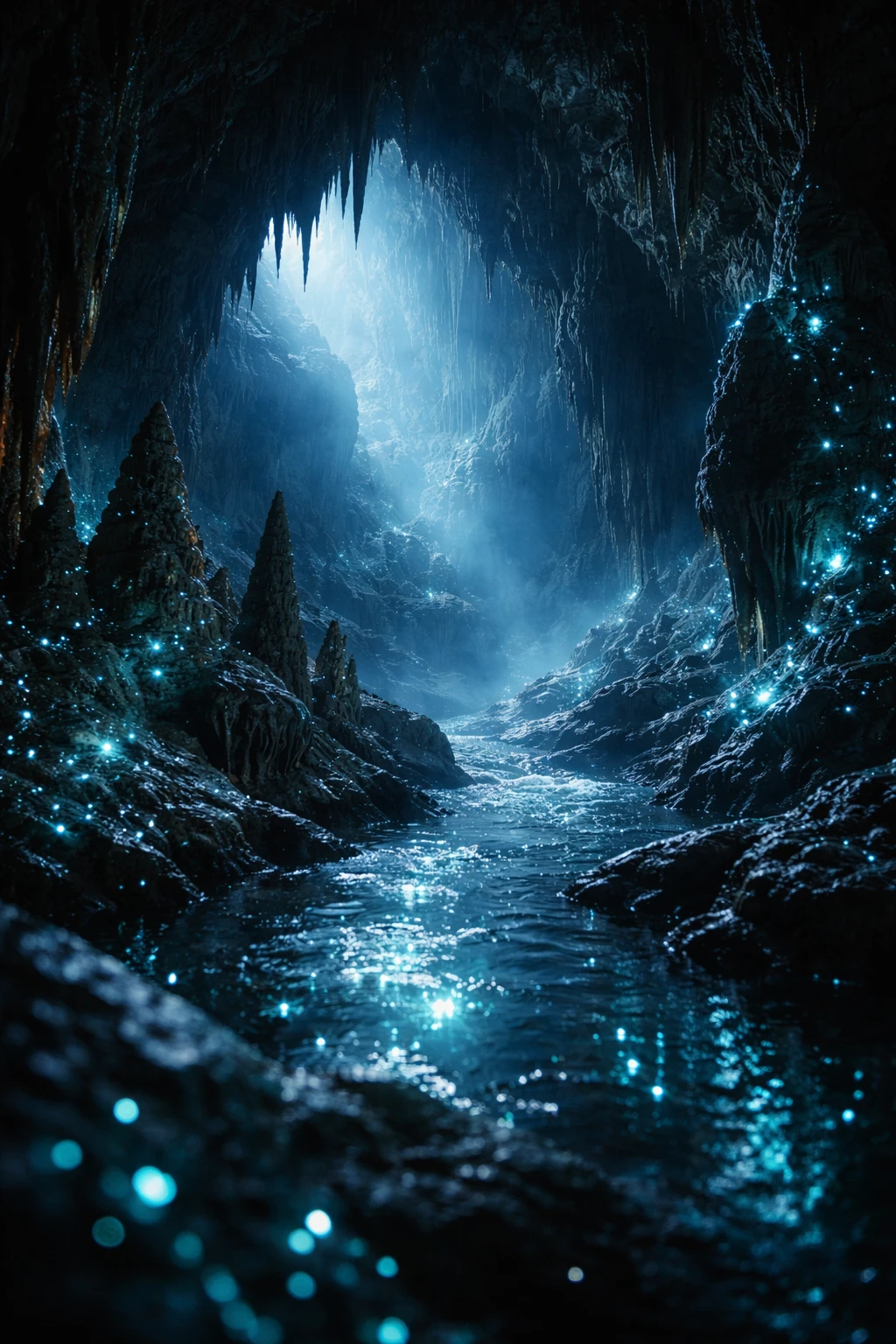 Grotte souterraine au clair de lune avec particules turquoise lumineuses