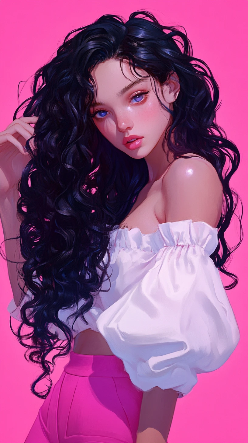 Anime girl with long curly black hair on pink background