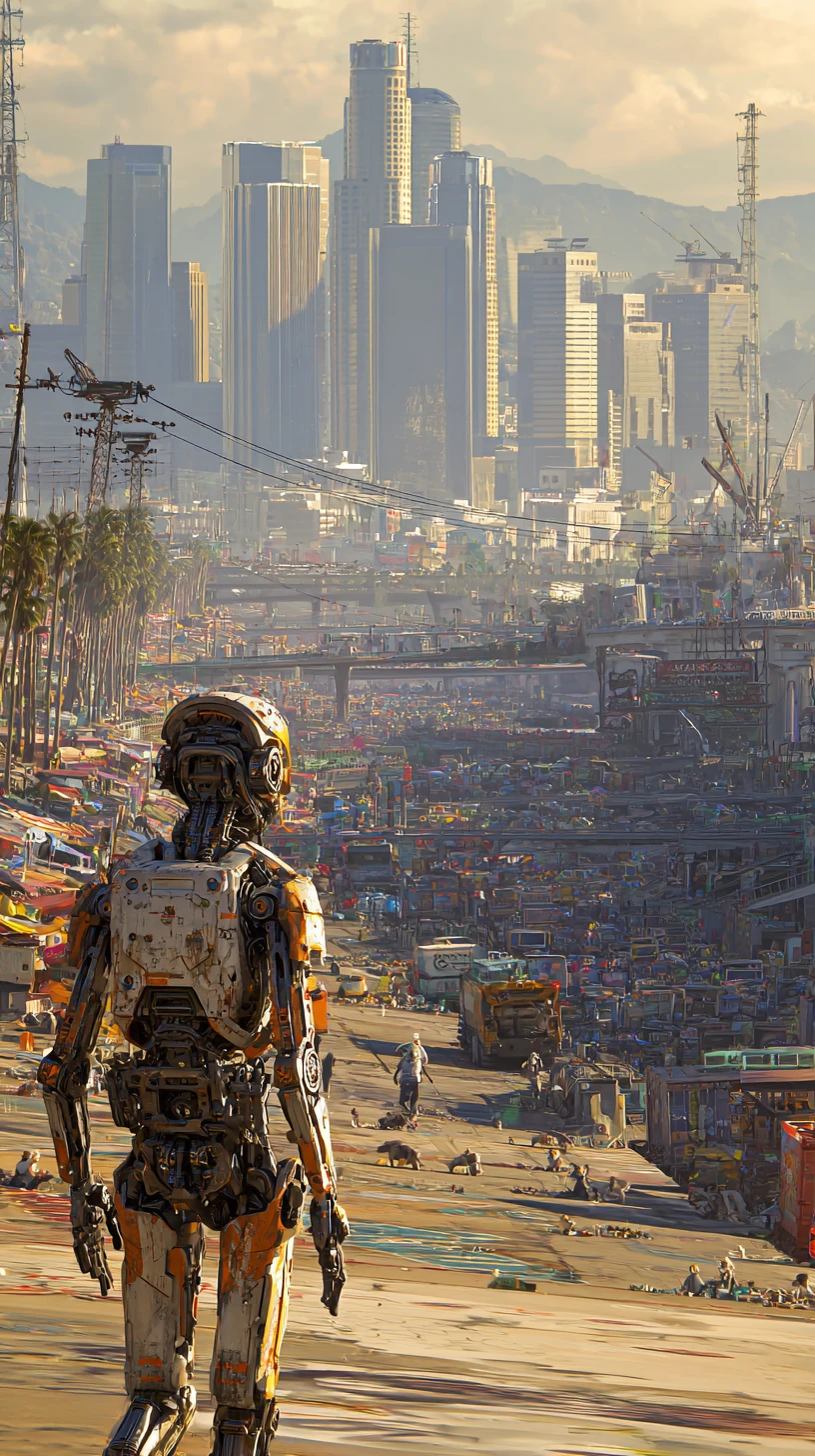Ciborgue observando a caótica paisagem futurista de Los Angeles