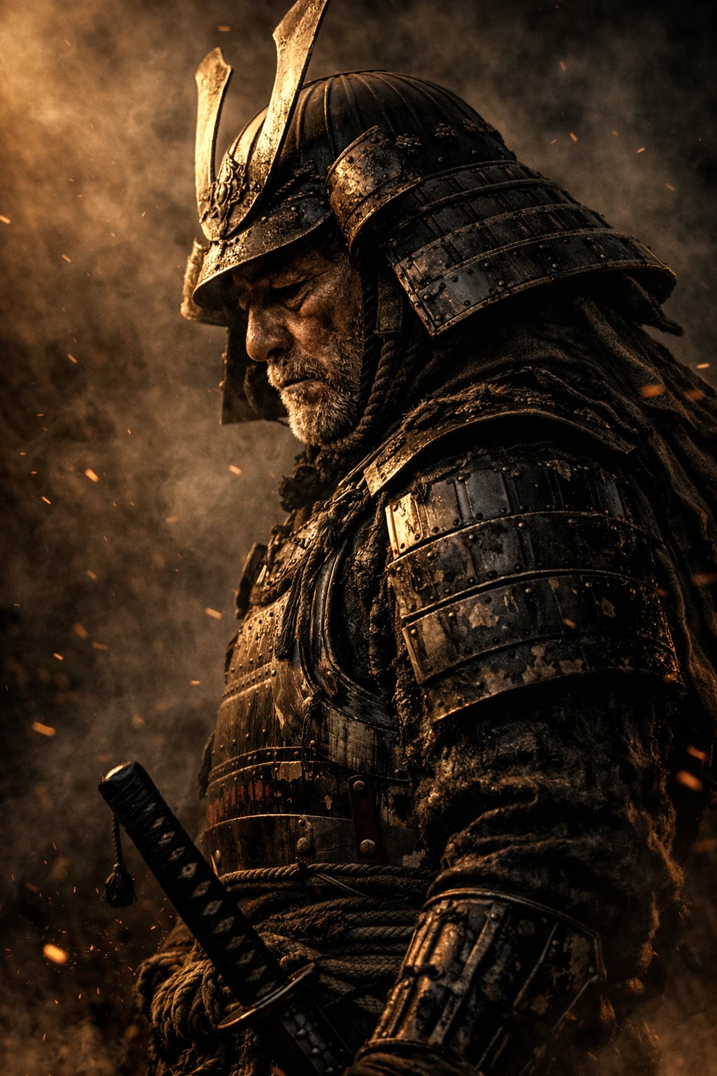 Brooding samurai warrior in armor amid smoke and embers