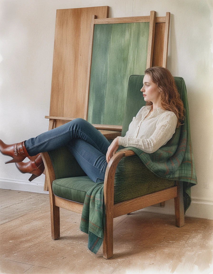 Woman lounging in a vintage armchair in artist studio