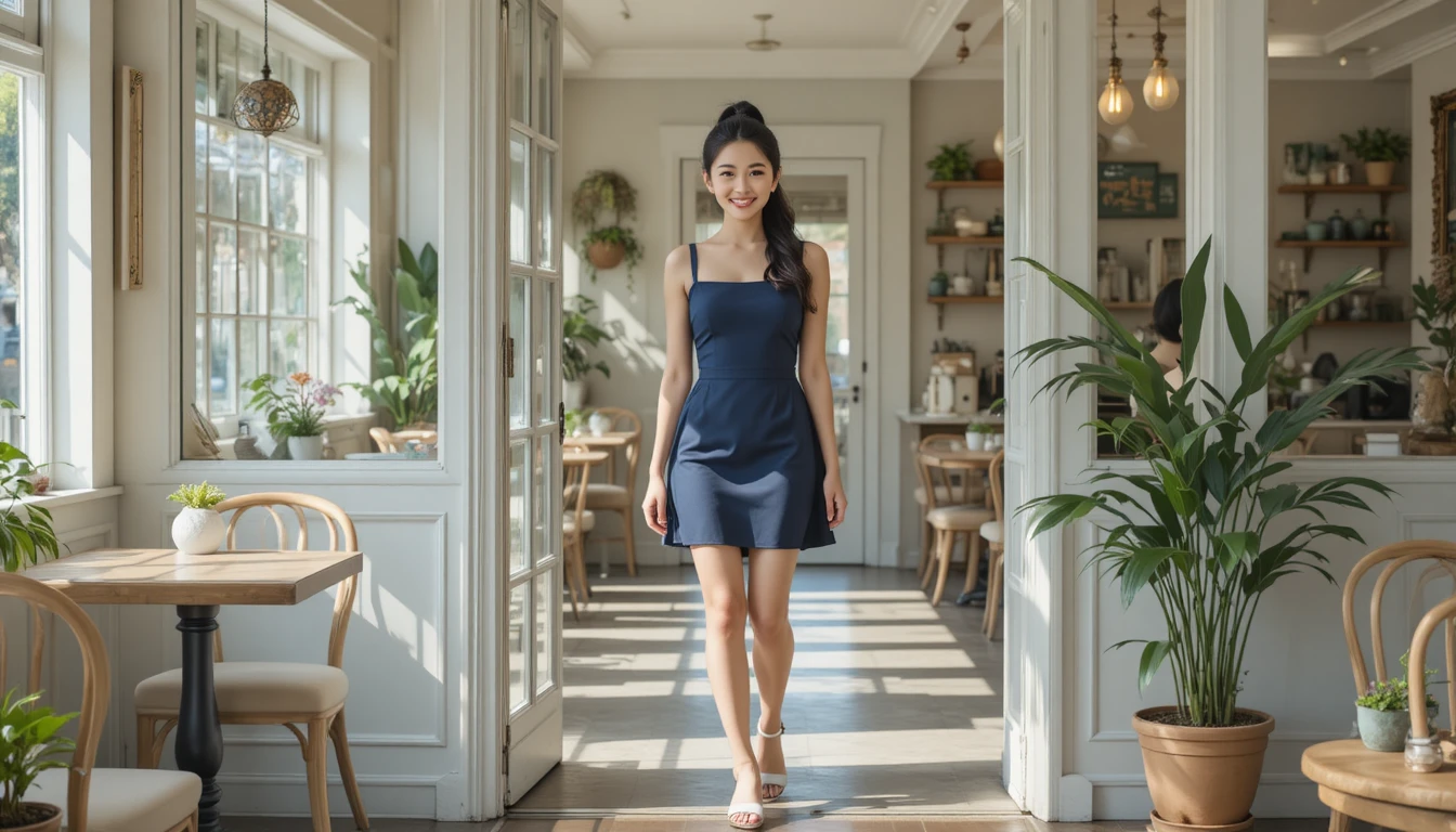 微笑女子走進明亮晨光咖啡廳內部