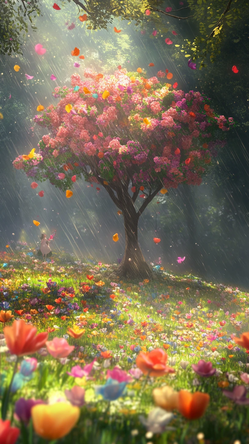 Bright apple tree in a whimsical misty forest clearing