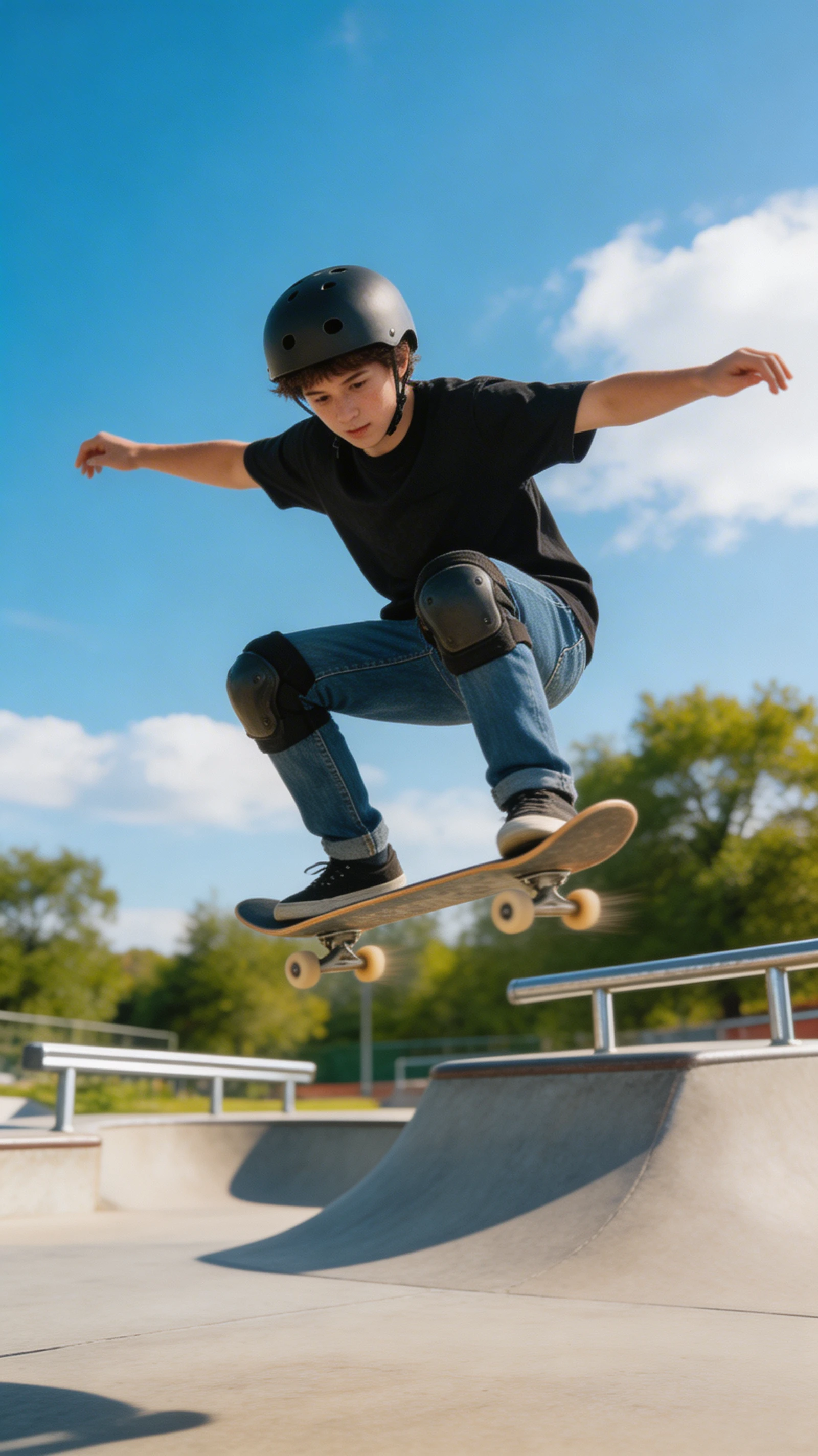 Young skateboarder performing an ollie at sunny skatepark