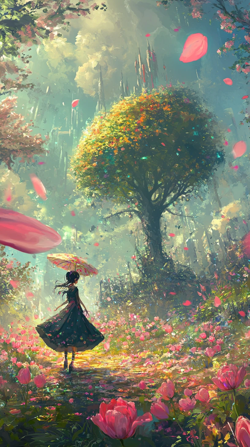 Bright apple tree in a whimsical forest with flowers