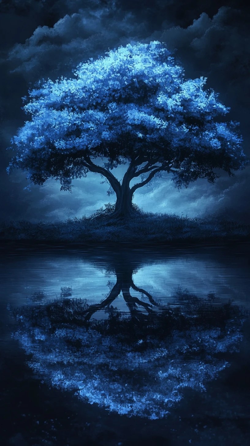 Arbre bleu lumineux reflété dans une eau sombre et immobile