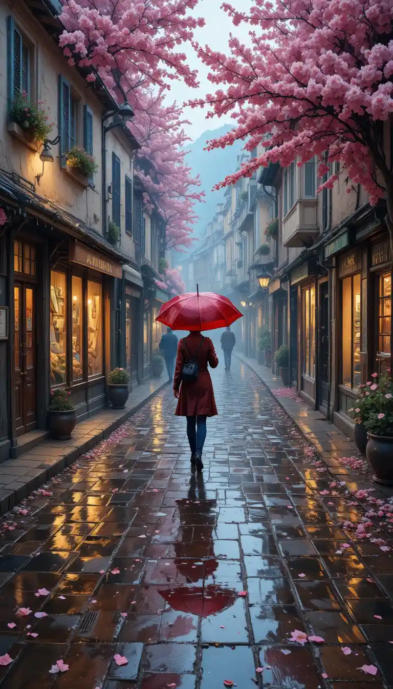 Rainy village street with red umbrella and soft reflections