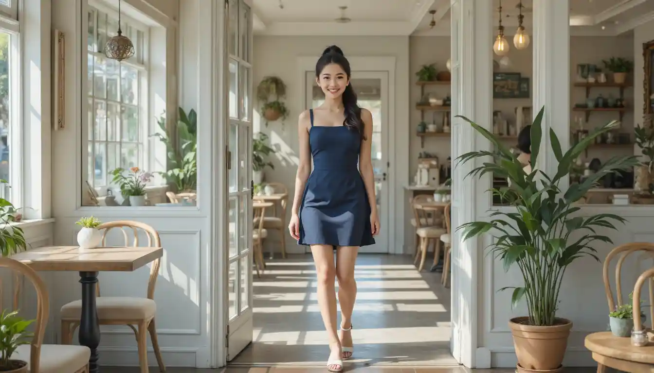 Smiling woman entering a bright morning cafe interior