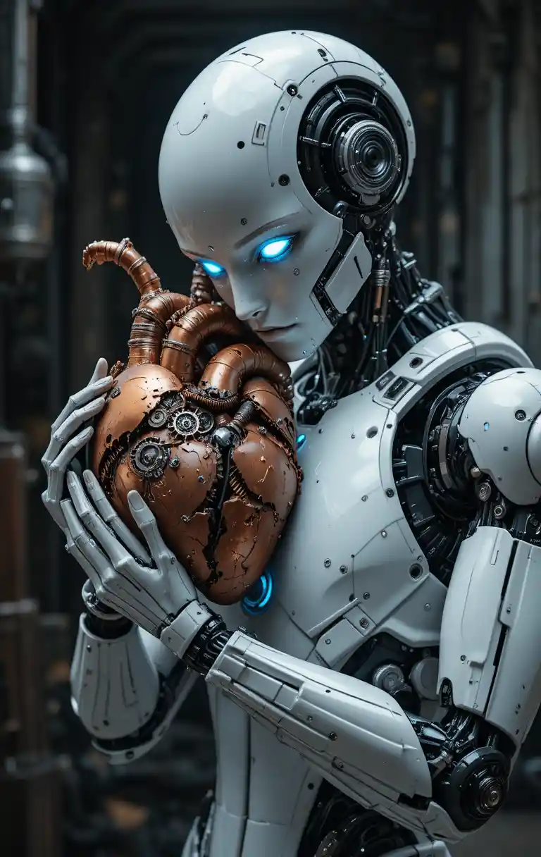 Humanoid robot holding a damaged mechanical heart
