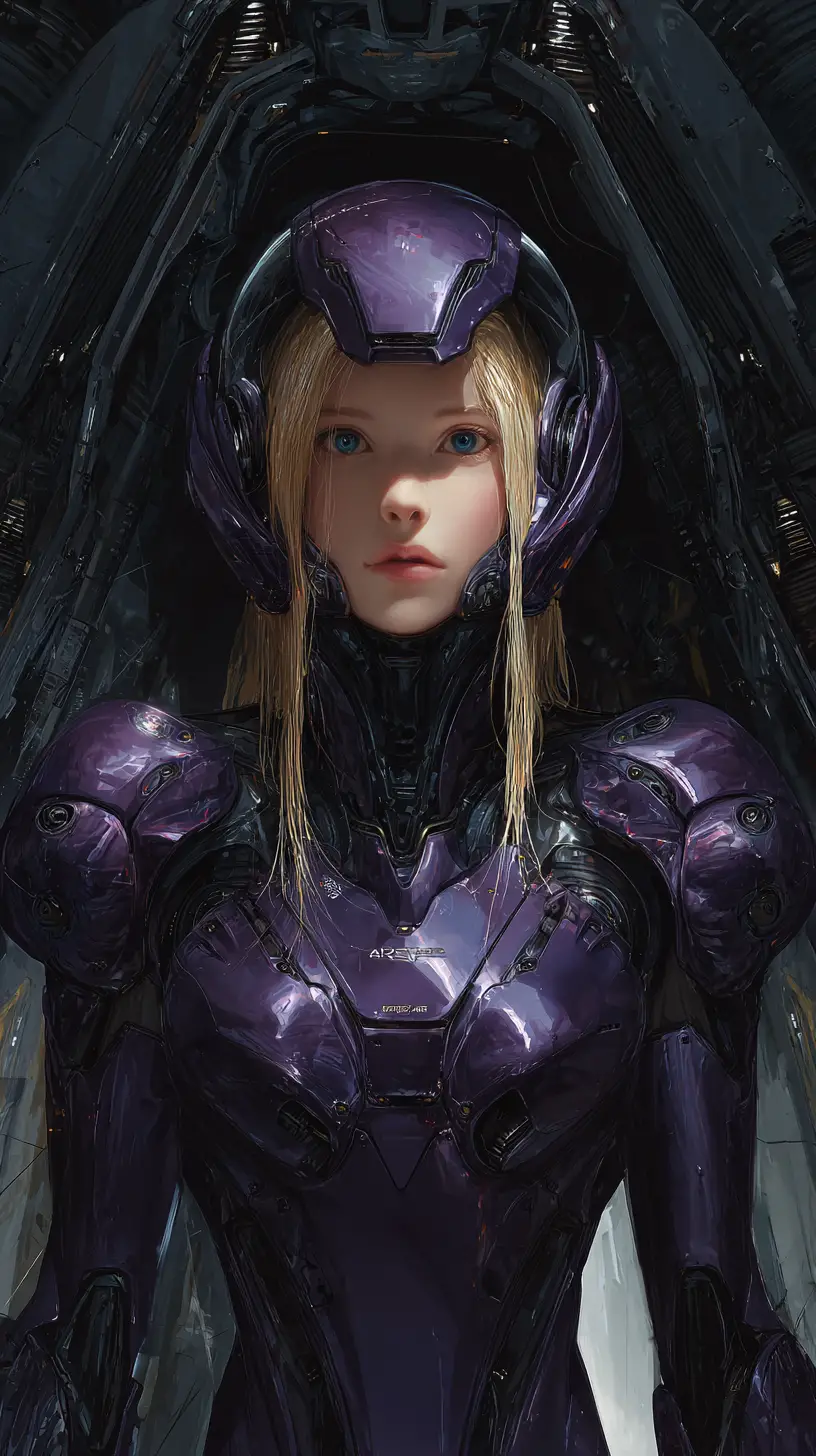 Guerreira androide feminina com armadura roxa em hangar espacial