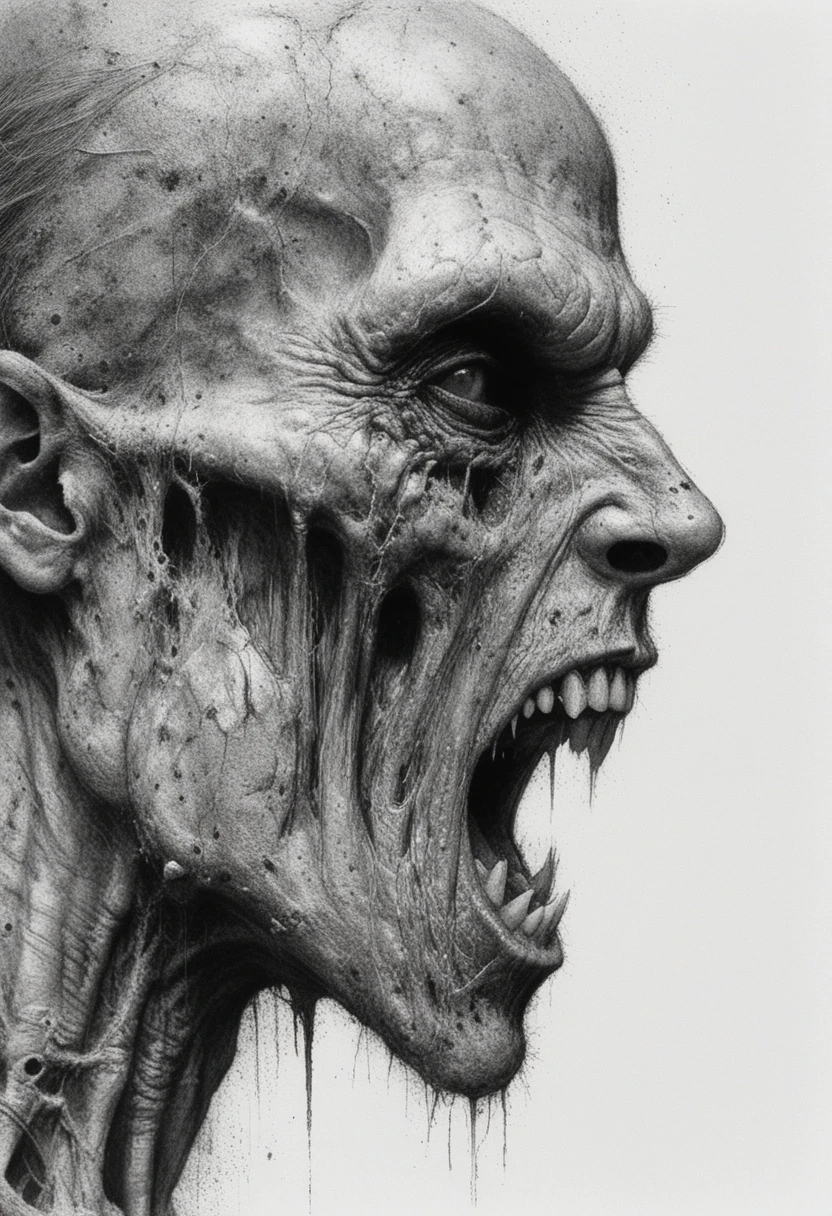 Perfil grotesco de vampiro gritando em close extremo