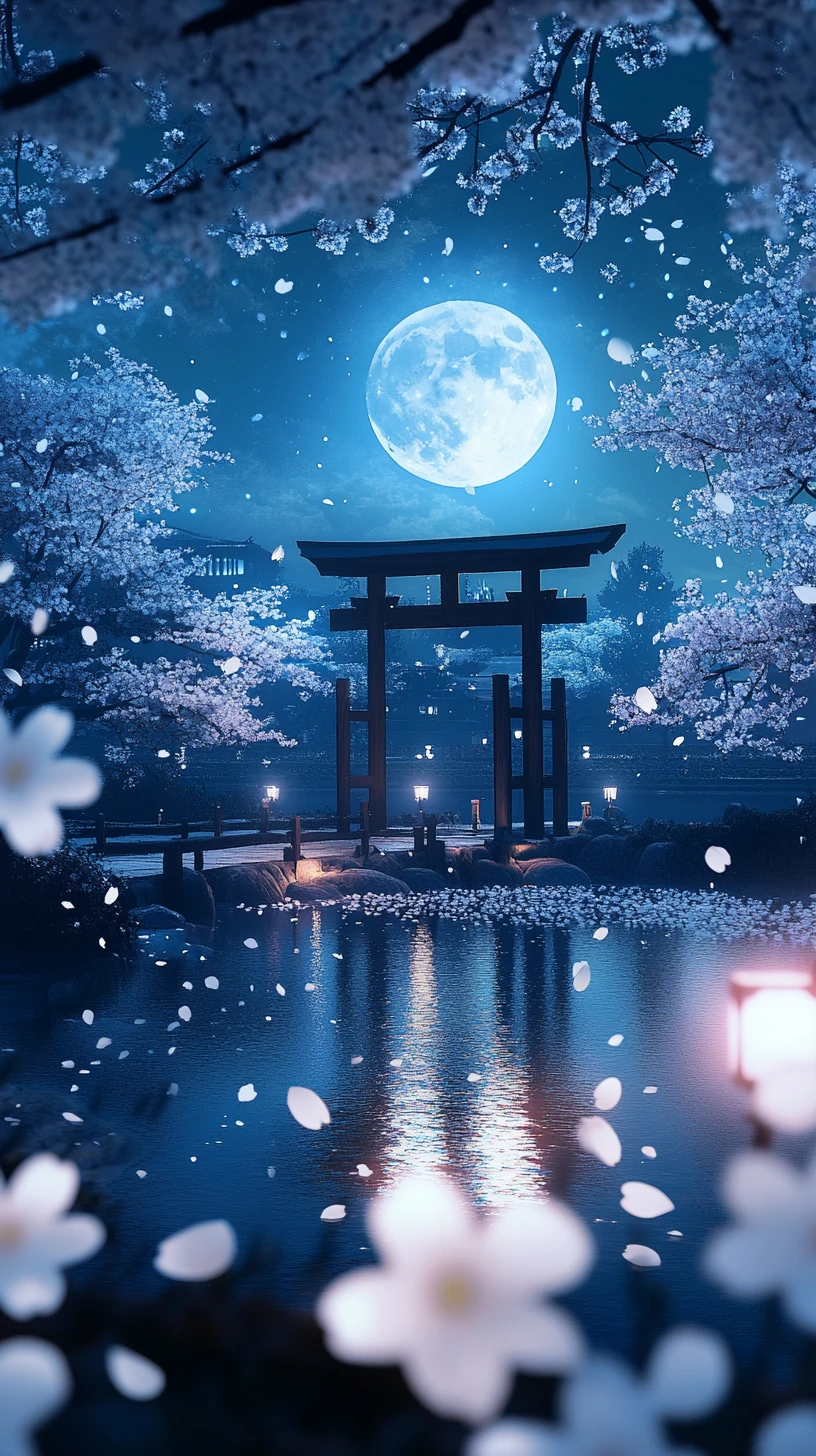 鳥居相伴的日本庭園寧靜浮世繪夜景