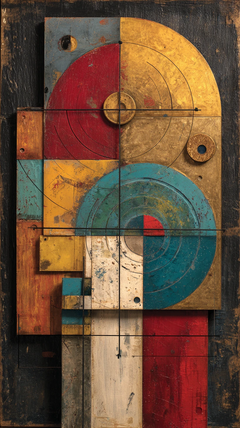 Astratto verticale mixed media con forme geometriche sovrapposte