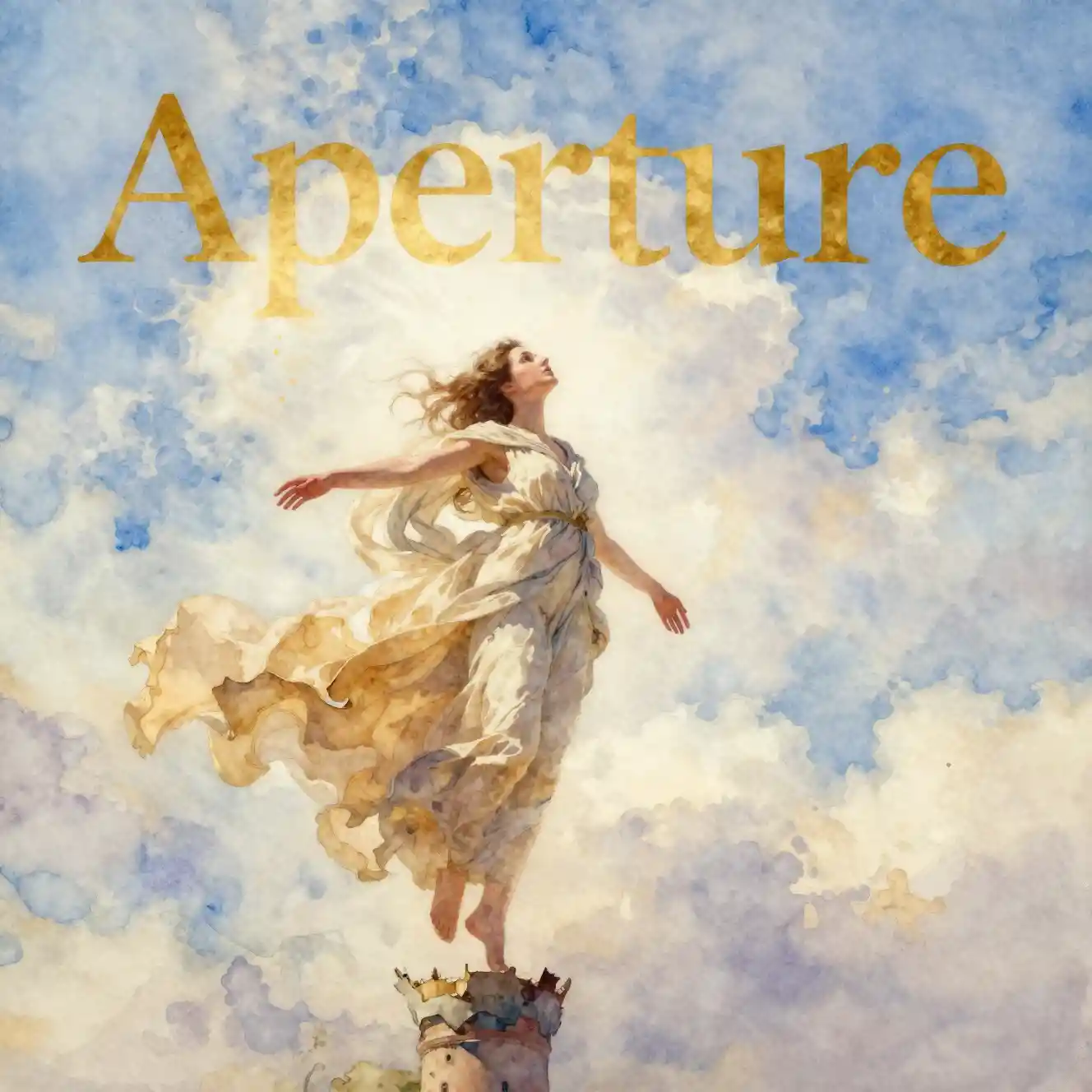 Watercolor girl ascending through sky above distant tower