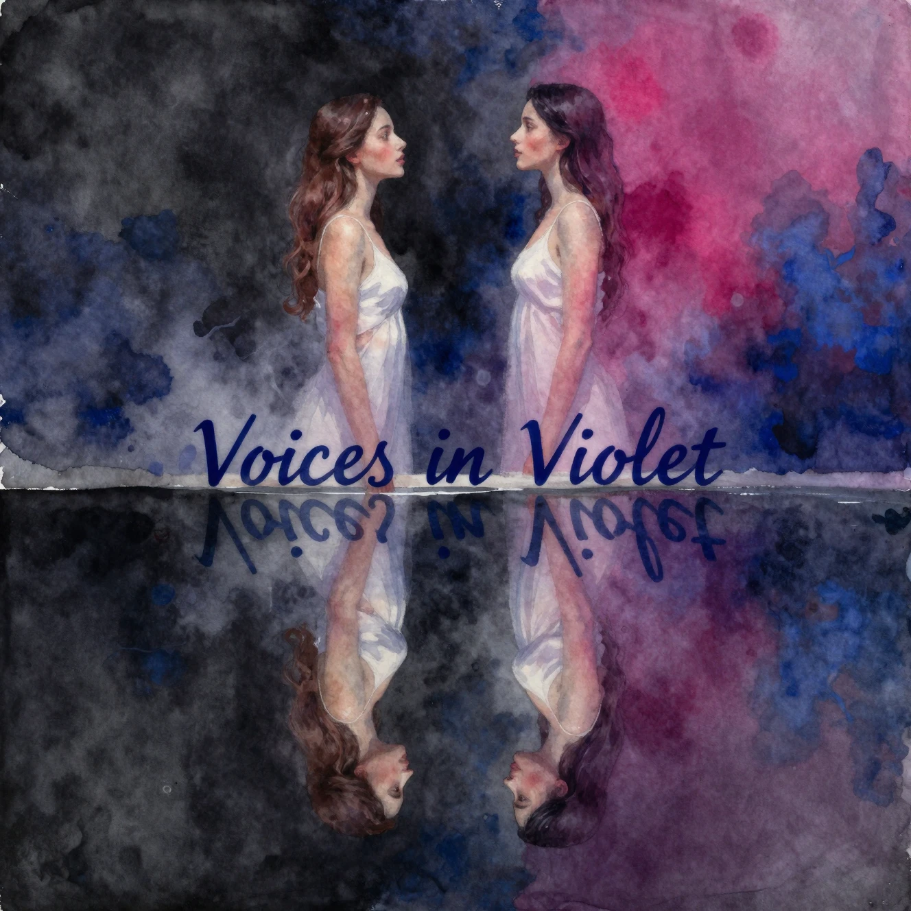 Watercolor girl facing her reflection in dark mirror water