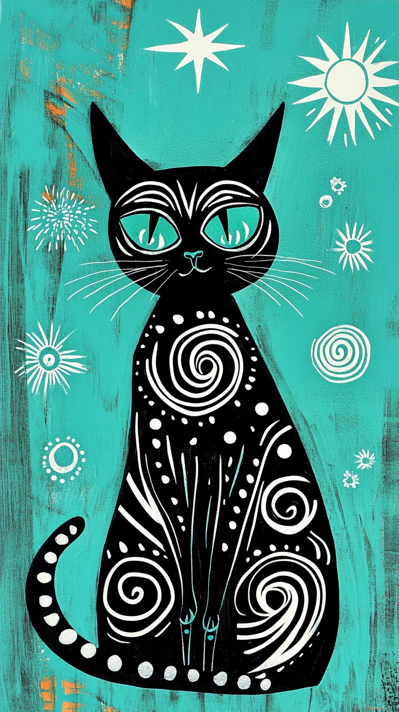 Gato preto estilizado com olhos azul‑água em fundo divertido