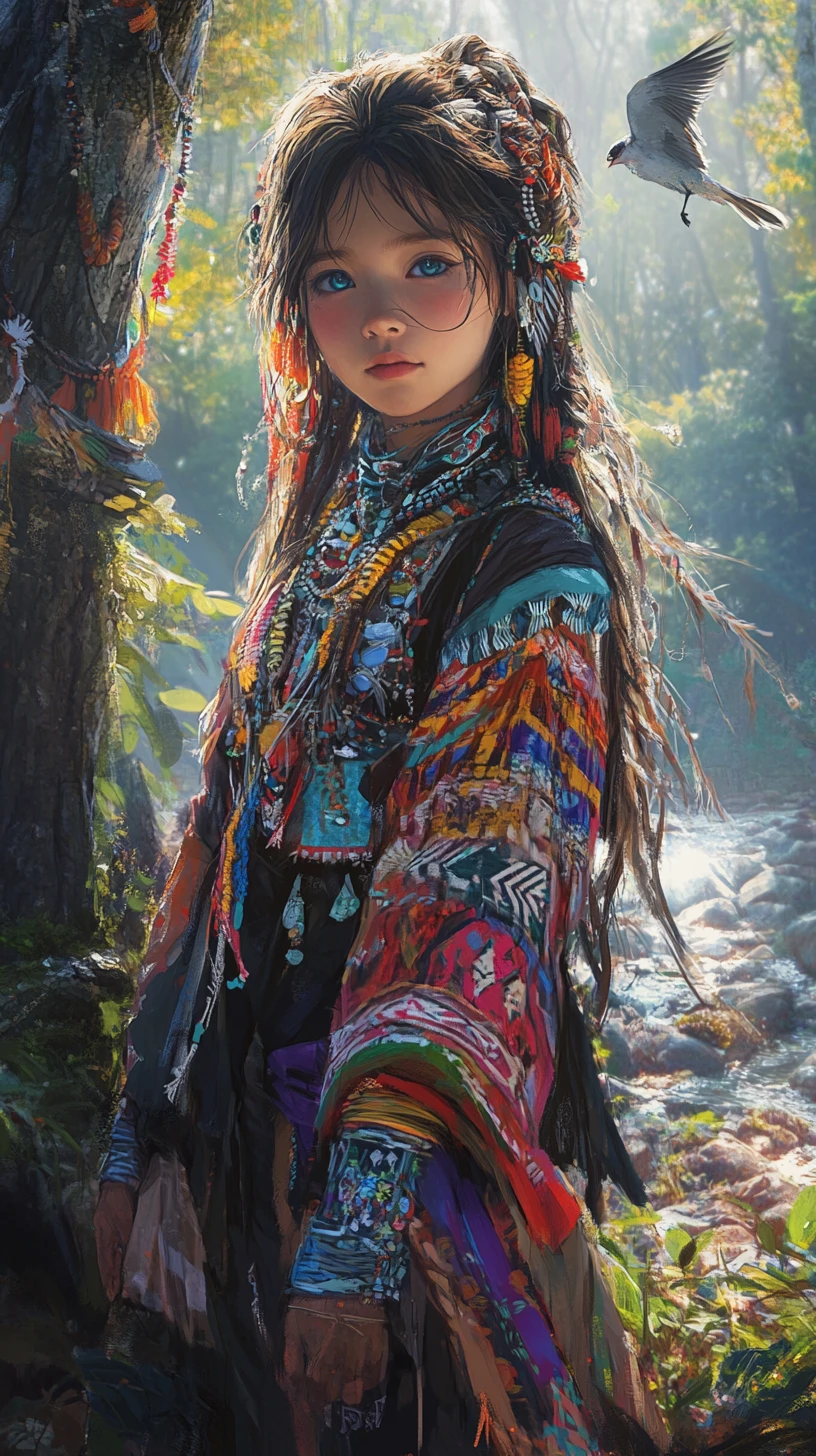 Mulher Ainu em traje tradicional em uma floresta enevoada