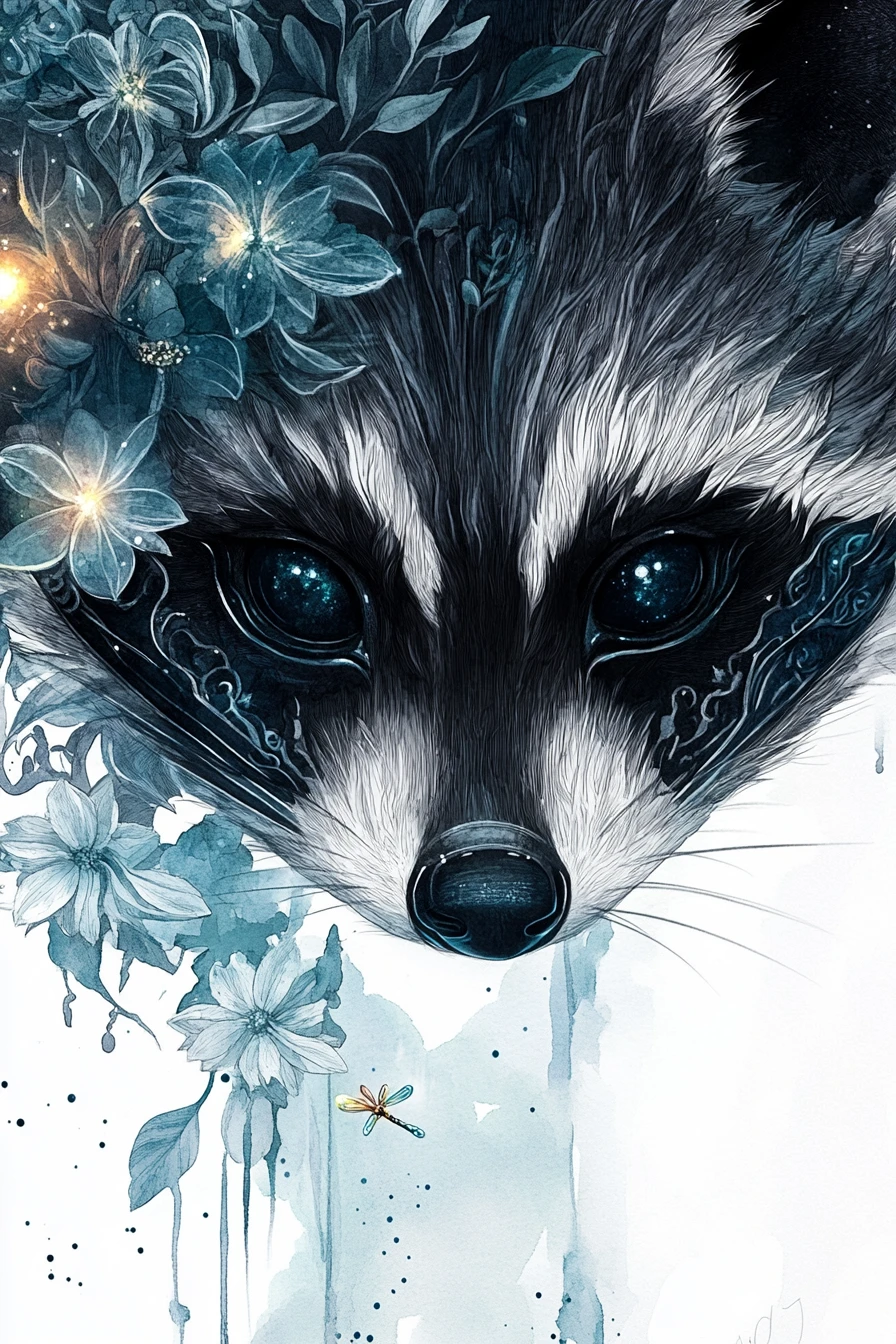 Mapache travieso en primer plano con flores de luna y luciérnaga