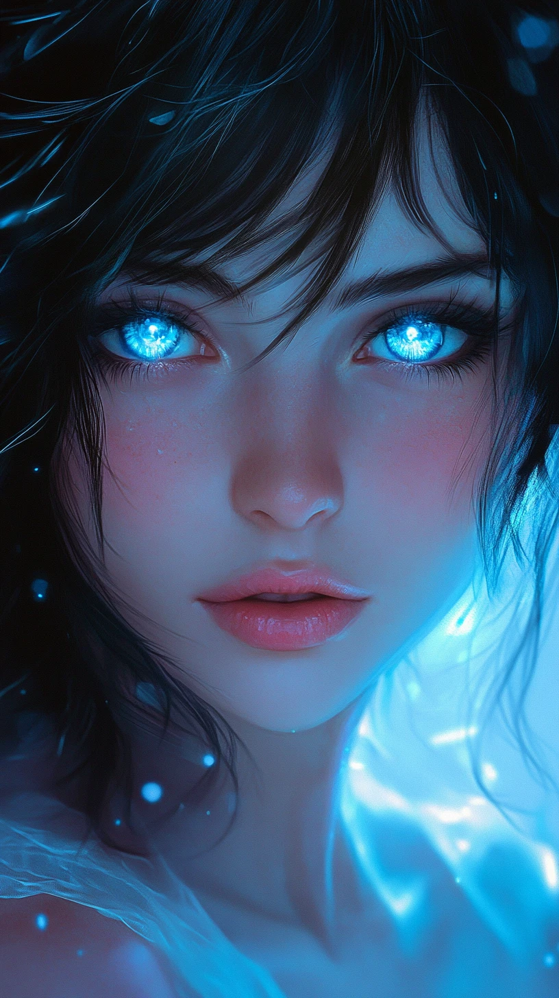 Mystical woman close up in blue cinematic digital portrait