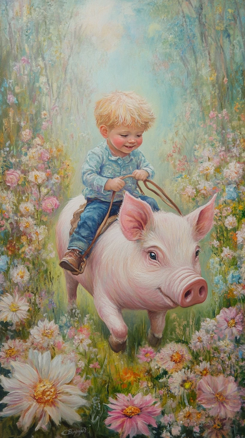 Glücklicher Junge reitet auf einem Schwein durch eine Blumenwiese